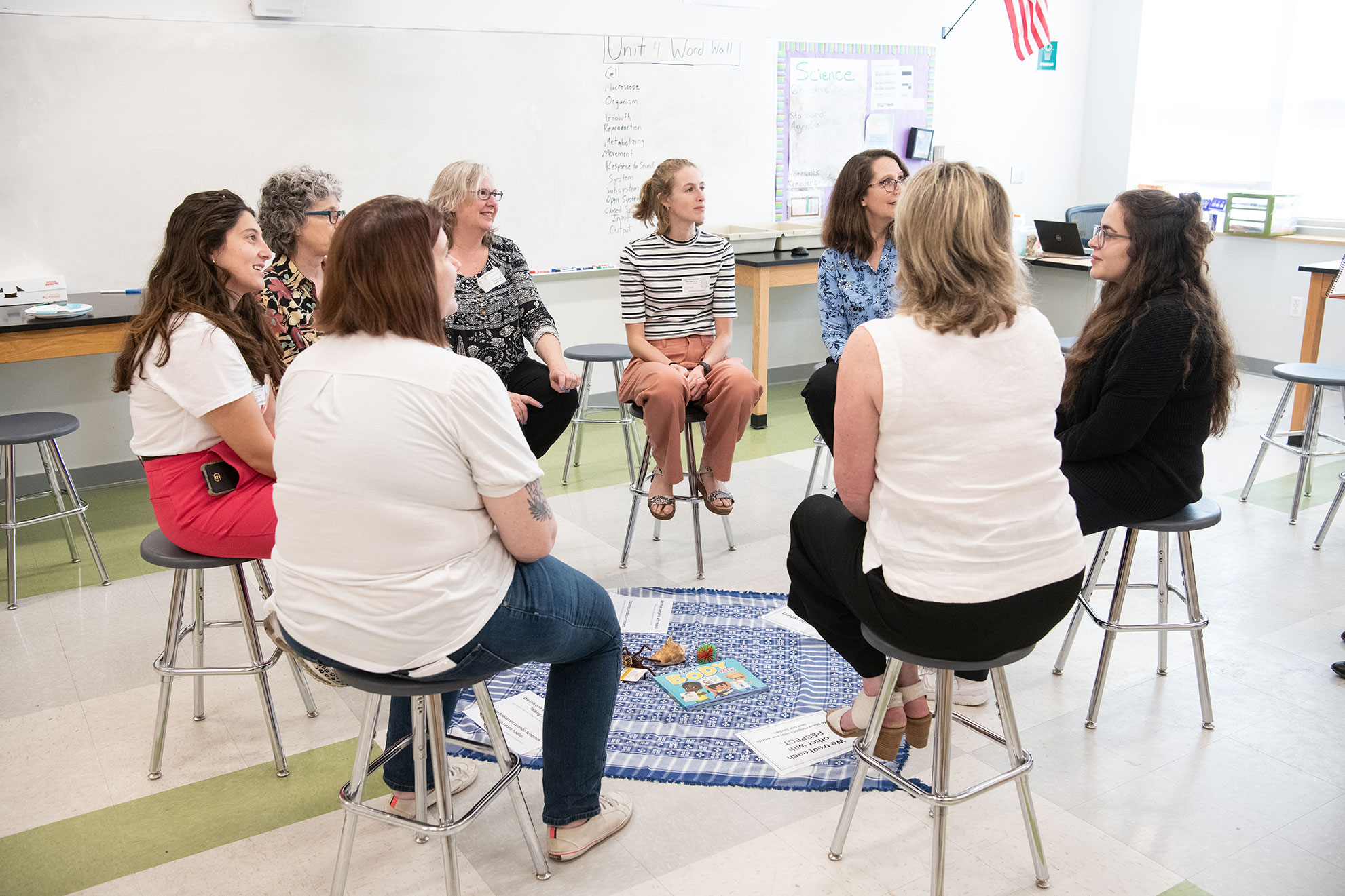 a group of women on stools in a circle