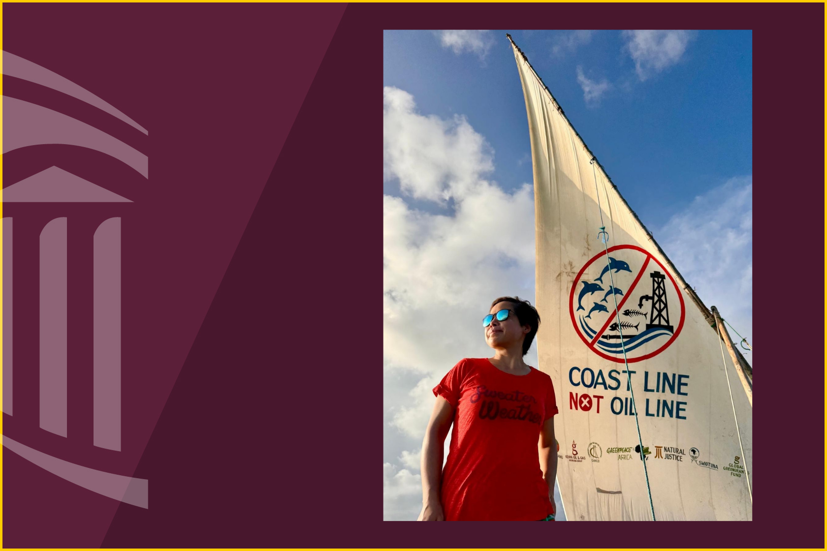 Jingjing Zhang (CTEA founder) stands in front of a sail displaying an environmental message that reads “Coast Line Not Oil Line,” with a graphic opposing offshore drilling against a blue sky.